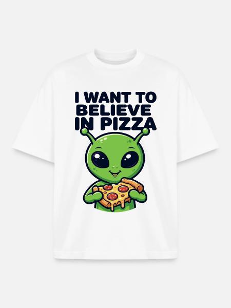 Jeg vil tro på pizza alien - Stanley/Stella unisex boxy heavyweight T-shirt økologisk - hvid