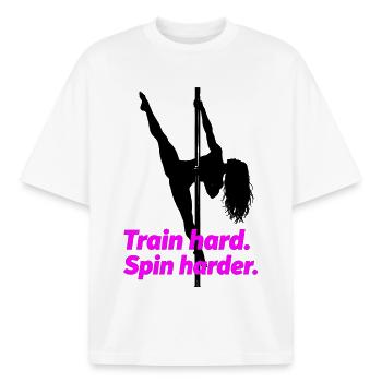 Pole Dance Silhouette – Train Hard Spin Harder - Boxy Heavyweight Unisex Organic T-Shirt by Stanley/Stella - white - Front - AI Model Male 185 light (185cm) & AI Model Female 172 dark (172cm)