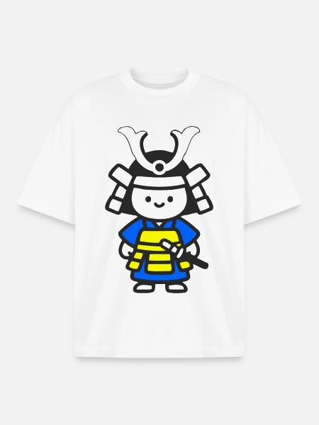 Kawaii Samurai Child in Yellow Blue - Boxy Heavyweight Unisex Organic T-Shirt by Stanley/Stella - white