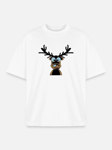 Rudolf the Reindeer Cartoon Motif - Boxy Heavyweight Unisex Organic T-Shirt by Stanley/Stella - white