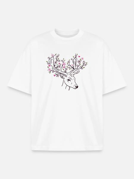 Deer Antlers Deer Flowers Flowers Floral Spring - Boxy Heavyweight Unisex Organic T-Shirt by Stanley/Stella - white