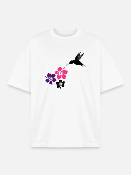 Colibri avec des fleurs d'hibiscus - T-shirt unisexe boxy épais biologique Stanley/Stella - blanc