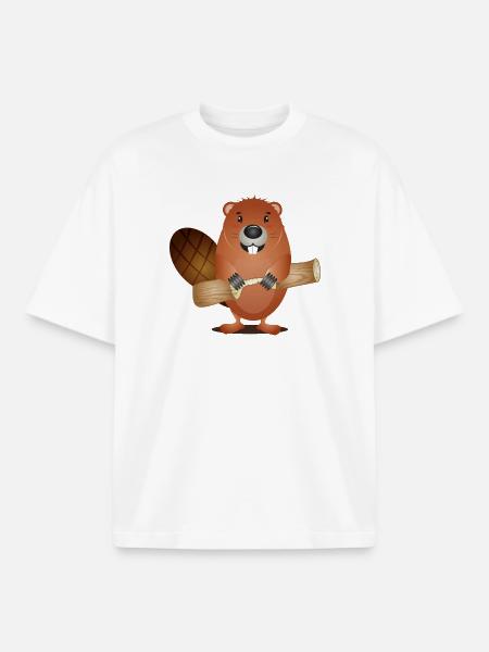 Simpatico castoro roditore con legno rosicchiato - T-shirt unisex boxy pesante biologica di Stanley/Stella - bianco