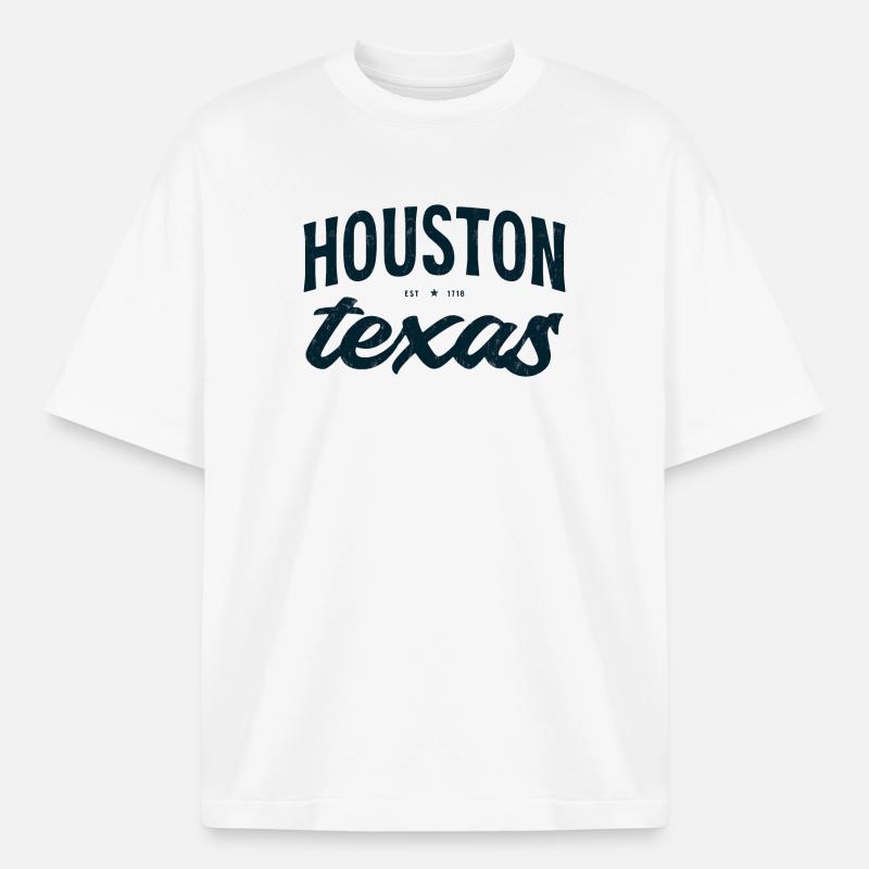 Houston Texas Script Emblem Tee - Boxy Heavyweight Unisex Organic T-Shirt by Stanley/Stella - white
