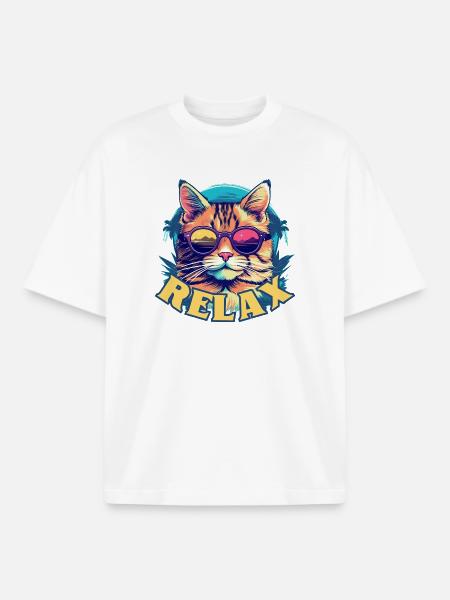 Relaxed cat with sunglasses, summer look - Boxy Heavyweight Unisex Organic T-Shirt by Stanley/Stella - white
