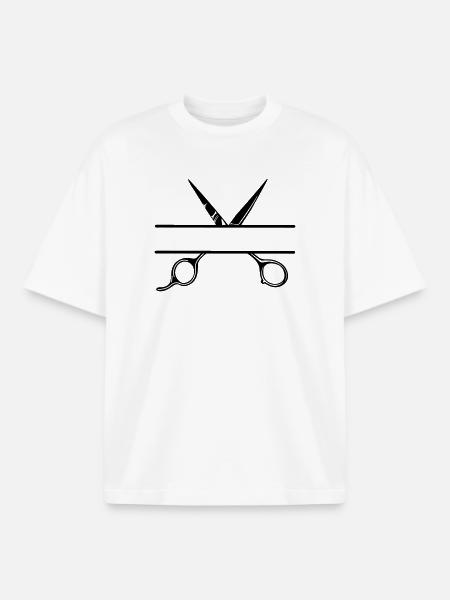 Texte bannière logo coiffeur ouvrir ciseaux - T-shirt unisexe boxy épais biologique Stanley/Stella - blanc