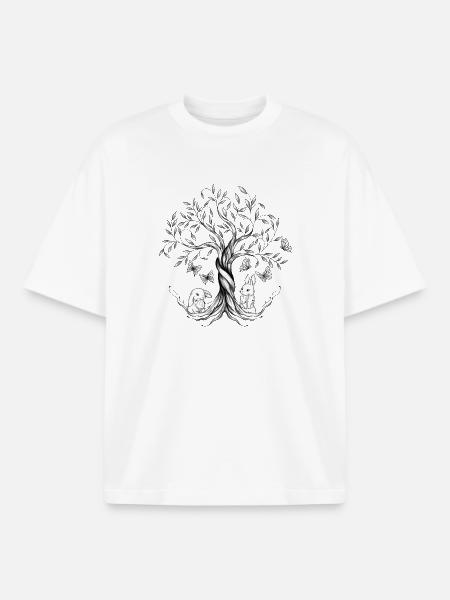 Tegning af livets træ, kaniner, sommerfugle - Stanley/Stella unisex boxy heavyweight T-shirt økologisk - hvid