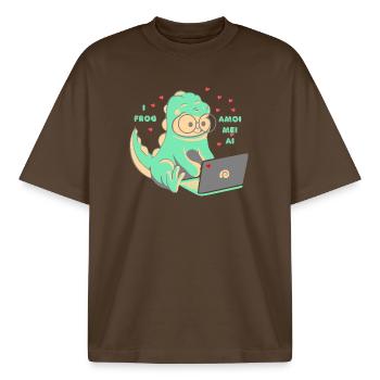 Love 💘 I frog amoi mai AI - T-shirt unisexe boxy épais biologique Stanley/Stella - marron foncé - Devant - AI Model Male 185 light (185cm) & AI Model Female 172 dark (172cm)