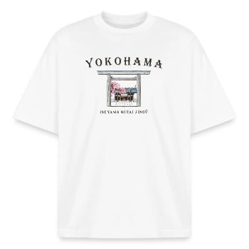 Yokohama, Japan, Iseyama Kotai Jingu Torii Shrine - Boxy Heavyweight Unisex Organic T-Shirt by Stanley/Stella - white - Front - AI Model Male 185 light (185cm) & AI Model Female 172 dark (172cm)
