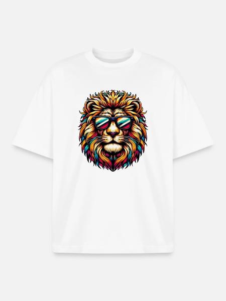 Lion with Sunglasses - Boxy Heavyweight Unisex Organic T-Shirt by Stanley/Stella - white