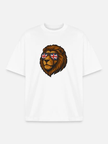Lion with the British Flag in Glasses - Boxy Heavyweight Unisex Organic T-Shirt by Stanley/Stella - white