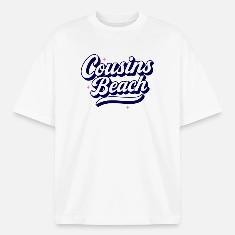 Cousins Beach - Conception de script rétro - T-shirt unisexe boxy épais biologique Stanley/Stella - blanc