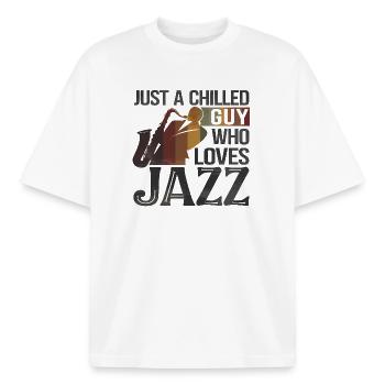 Design d’amateur de musique jazz réfrigéré - T-shirt unisexe boxy épais biologique Stanley/Stella - blanc - Devant - AI Model Male 185 light (185cm) & AI Model Female 172 dark (172cm)