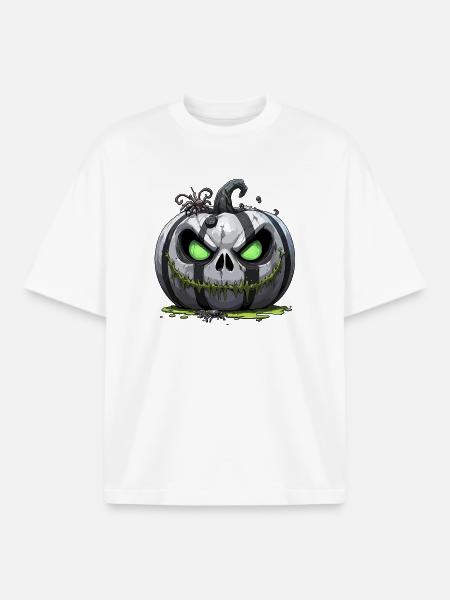 Grim Pumpkin Zombie with Green Eyes - Boxy Heavyweight Unisex Organic T-Shirt by Stanley/Stella - white