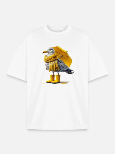 Seagull with yellow umbrella and boots - Boxy Heavyweight Unisex Organic T-Shirt by Stanley/Stella - white
