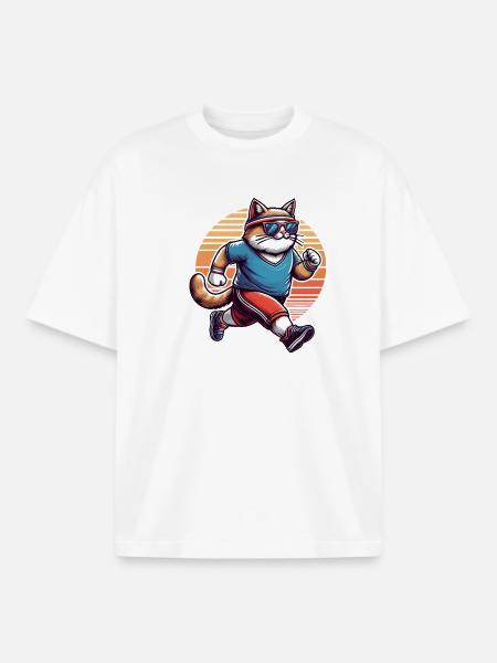 Sporty cat jogging retro sunset - Boxy Heavyweight Unisex Organic T-Shirt by Stanley/Stella - white