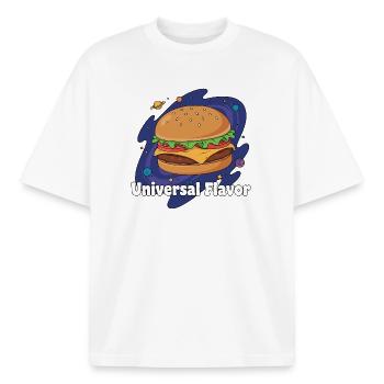 Kosmos Hamburger Universal Taste - Boxy Heavyweight Unisex Organic T-Shirt by Stanley/Stella - white - Front - AI Model Male 185 light (185cm) & AI Model Female 172 dark (172cm)