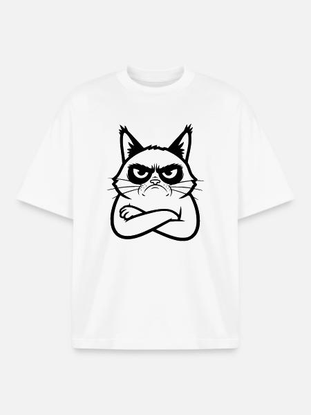 Cat Line Art Cartoon Illustration - Boxy Heavyweight Unisex Organic T-Shirt by Stanley/Stella - white