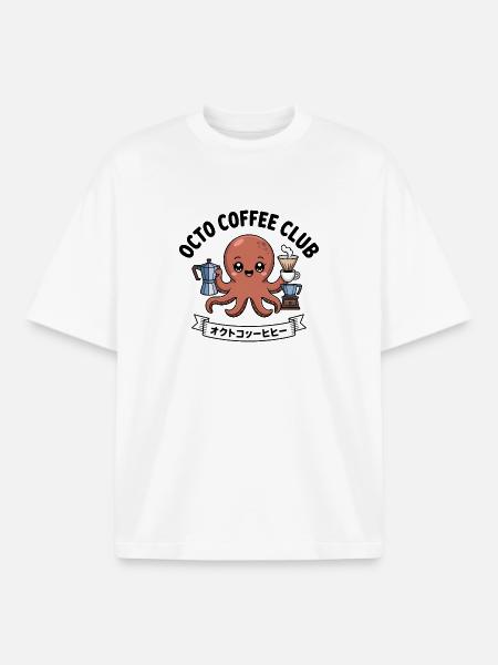 Octo Coffee Club - Funny Octopus T-Shirt - Boxy Heavyweight Unisex Organic T-Shirt by Stanley/Stella - white