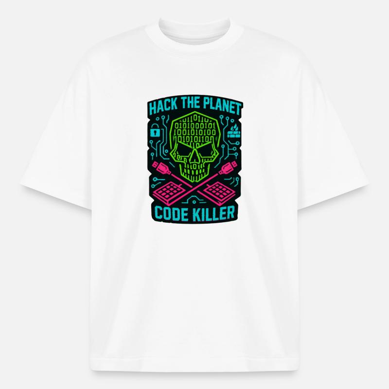 Hack the Planet Code Killer - Cybersécurité - T-shirt unisexe boxy épais biologique Stanley/Stella - blanc