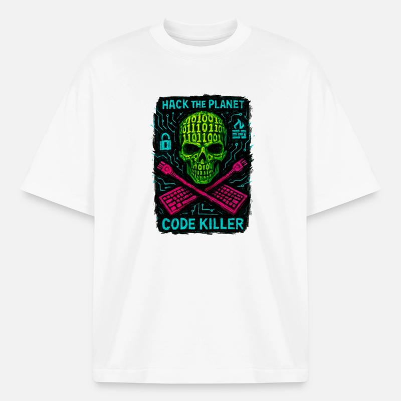 Hack the Planet Code Killer - Cybersécurité - T-shirt unisexe boxy épais biologique Stanley/Stella - blanc
