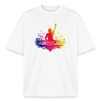 DJ coloré avec platines et beats - T-shirt unisexe boxy épais biologique Stanley/Stella - blanc - Devant - AI Model Male 185 light (185cm) & AI Model Female 172 dark (172cm)