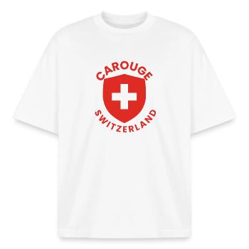 Carouge Switzerland Shield Design - Boxy Heavyweight Unisex Organic T-Shirt by Stanley/Stella - white - Front - AI Model Male 185 light (185cm) & AI Model Female 172 dark (172cm)