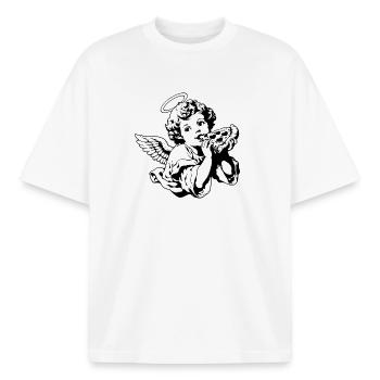 Pizza Angel – Chérubin avec une part de pizza - T-shirt unisexe boxy épais biologique Stanley/Stella - blanc - Devant - AI Model Male 185 light (185cm) & AI Model Female 172 dark (172cm)