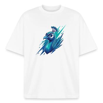Tête de paon bleu néon - T-shirt unisexe boxy épais biologique Stanley/Stella - blanc - Devant - AI Model Male 185 light (185cm) & AI Model Female 172 dark (172cm)