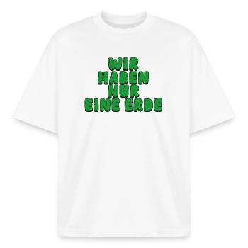 We only have one Earth - Boxy Heavyweight Unisex Organic T-Shirt by Stanley/Stella - white - Front - AI Model Male 185 light (185cm) & AI Model Female 172 dark (172cm)