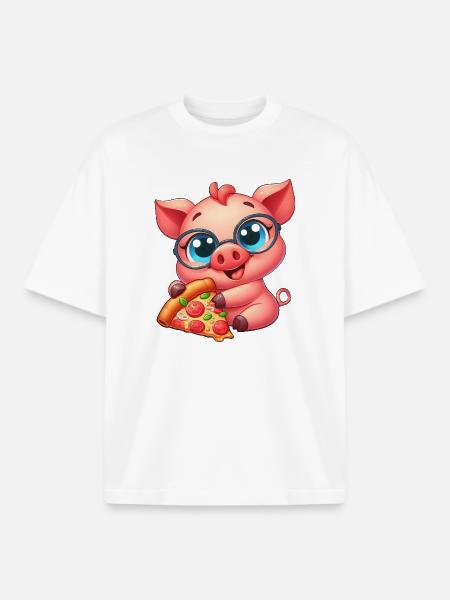 Nerd Pig Cartoon Pizza Pizza Lover - Boxy Heavyweight Unisex Organic T-Shirt by Stanley/Stella - white