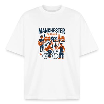 Manchester, Angleterre, vie industrielle urbaine - T-shirt unisexe boxy épais biologique Stanley/Stella - blanc - Devant - AI Model Male 185 light (185cm) & AI Model Female 172 dark (172cm)