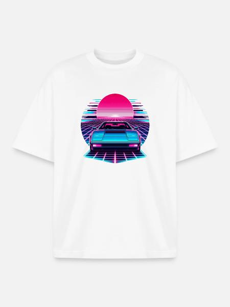 Neon Synthwave Car at Sunset - Boxy Heavyweight Unisex Organic T-Shirt by Stanley/Stella - white