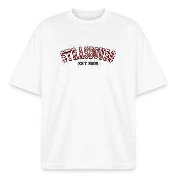 Strasbourg Est. 2006 - Boxy Heavyweight Unisex Organic T-Shirt by Stanley/Stella - white - Front - AI Model Male 185 light (185cm) & AI Model Female 172 dark (172cm)