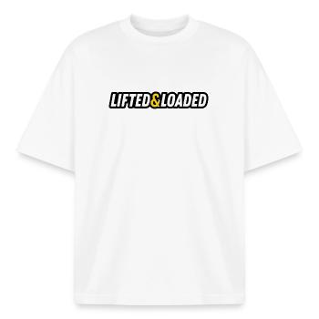 JDM sticker - LIFTED & LOADED - T-shirt unisexe boxy épais biologique Stanley/Stella - blanc - Devant - AI Model Male 185 light (185cm) & AI Model Female 172 dark (172cm)