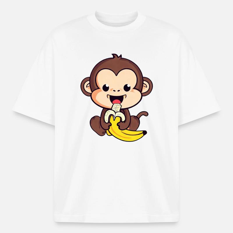 cute monkey eats a banana - Boxy Heavyweight Unisex Organic T-Shirt by Stanley/Stella - white