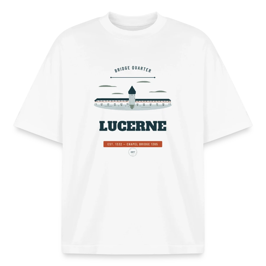 Lucerne badge on a boxy heavyweight unisex organic t-shirt by stanley/stella, white