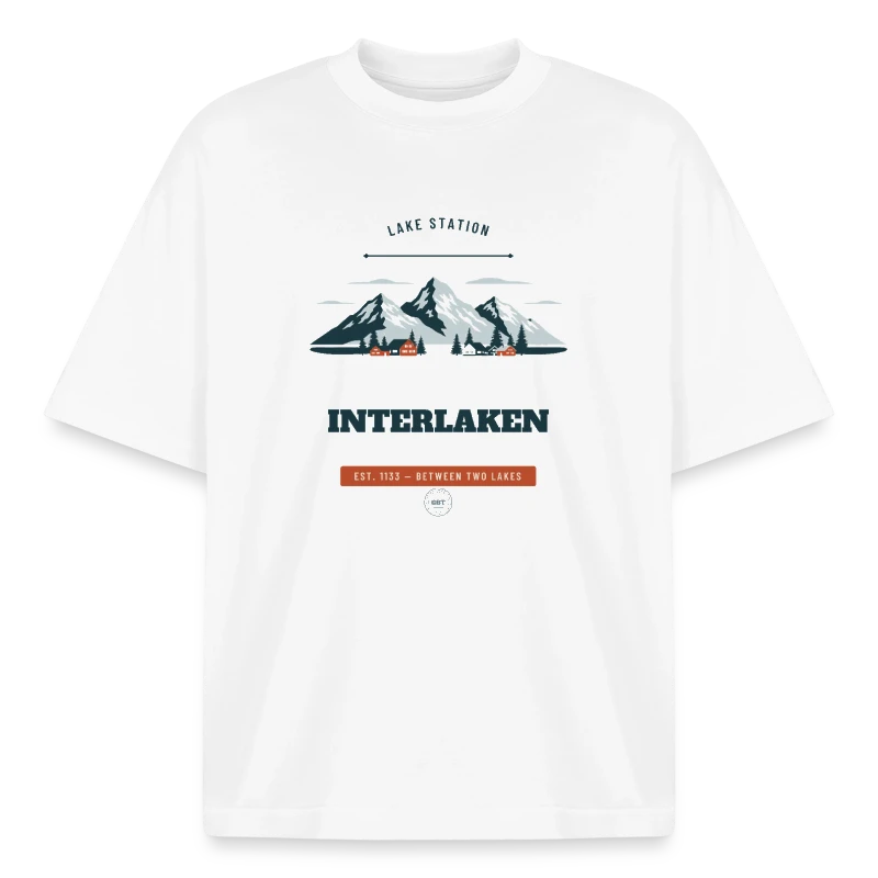 Interlaken badge on a boxy heavyweight unisex organic t-shirt by stanley/stella