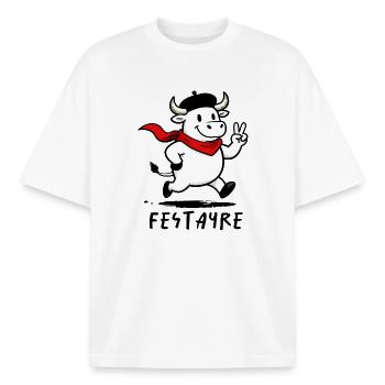 Festayre,Bull of the Férias - Boxy Heavyweight Unisex Organic T-Shirt by Stanley/Stella - white - Front - AI Model Male 185 light (185cm) & AI Model Female 172 dark (172cm)