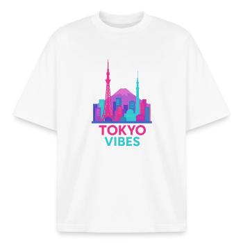 Tokyo Vibes Skyline Silhouette Ville Japon - T-shirt unisexe boxy épais biologique Stanley/Stella - blanc - Devant - AI Model Male 185 light (185cm) & AI Model Female 172 dark (172cm)