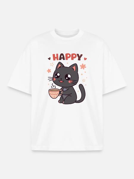 Chat Café Heureux et Doux - T-shirt unisexe boxy épais biologique Stanley/Stella - blanc