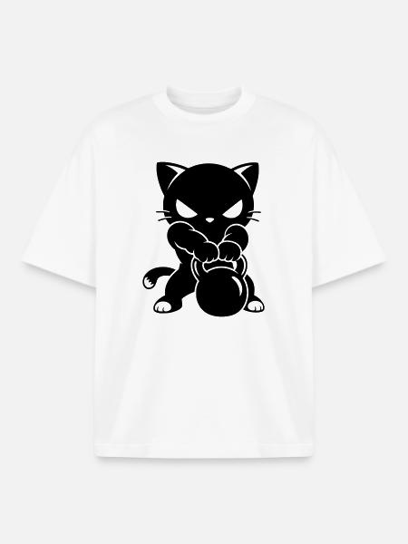 Fitness Cat with Kettlebell Motif - Boxy Heavyweight Unisex Organic T-Shirt by Stanley/Stella - white