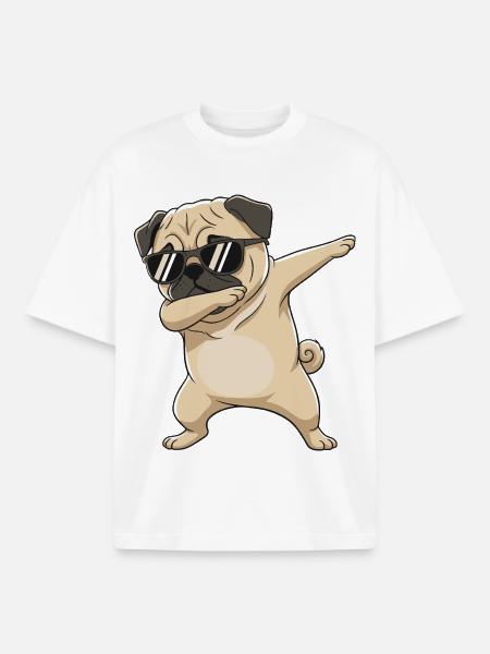 Cool Dabbing Pug Sunglasses Cartoon Art - Boxy Heavyweight Unisex Organic T-Shirt by Stanley/Stella - white