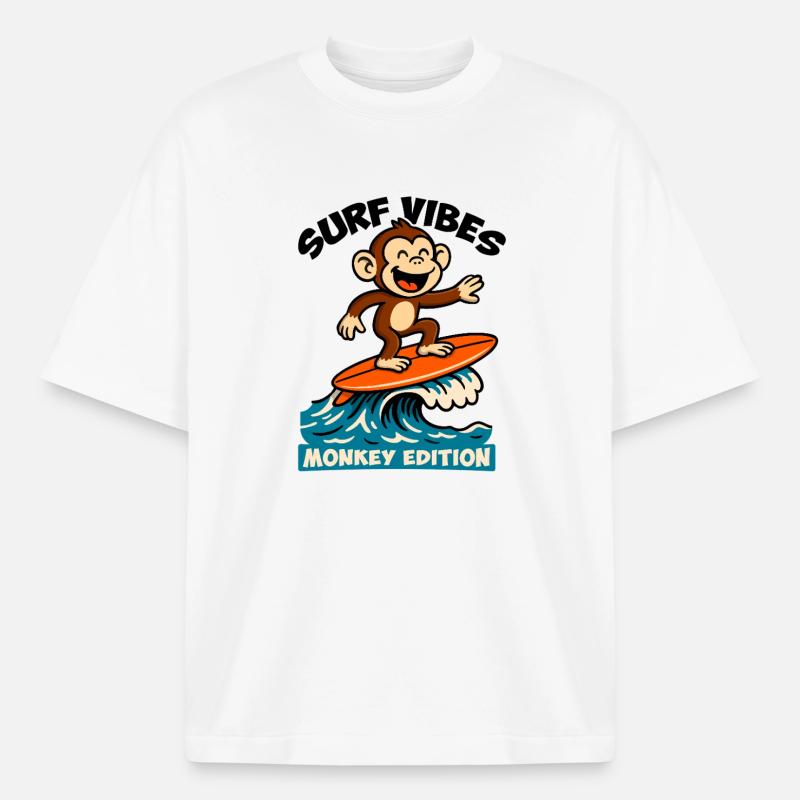 Surf Vibes, Monkey Edition. Glücklicher Surfaffe - Boxy Heavyweight Unisex Organic T-Shirt von Stanley/Stella - Weiß