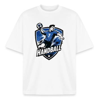 Bouclier bleu de l’attaquant de handball - T-shirt unisexe boxy épais biologique Stanley/Stella - blanc - Devant - AI Model Male 185 light (185cm) & AI Model Female 172 dark (172cm)