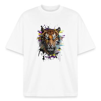 Tiger Gaze: Chromatische Symphonie - Boxy Heavyweight Unisex Organic T-Shirt von Stanley/Stella - Weiß - Vorne - AI Model Male 185 light (185cm) & AI Model Female 172 dark (172cm)