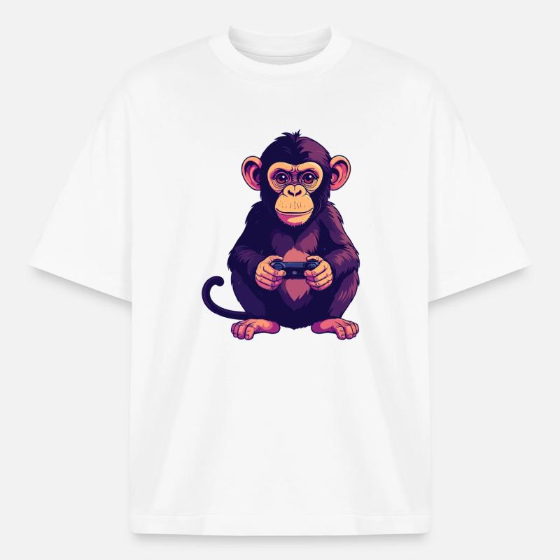 Monkey on controller playing console gaming - Boxy Heavyweight Unisex Organic T-Shirt by Stanley/Stella - white