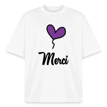 MERCI - T-shirt unisexe boxy épais biologique Stanley/Stella - blanc - Devant - AI Model Male 185 light (185cm) & AI Model Female 172 dark (172cm)