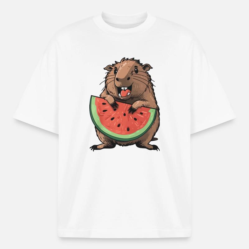 Capybara mangeant de la pastèque - T-shirt unisexe épais coupe boxy Stanley/Stella - blanc