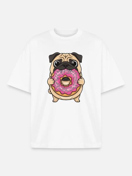 Söt Mops Donut Tecknad Dessert Socker Godis - Unisex boxy heavyweight ekologisk T-shirt Stanley/Stella - vit